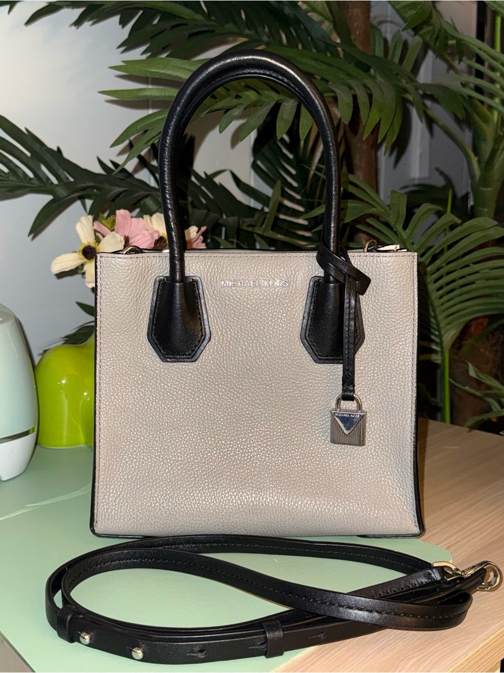 Michael Kors Pebbled Satchel in Light Taupe with Black Trim